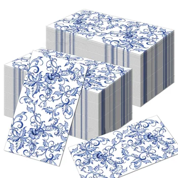 100DBS Kínai stílusú kék-fehér porcelán mintás papírszalvéták 33*40cm 2 rétegű eldobható asztali szalvéták esküvői bankettre
