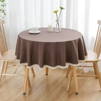 1PC egyszínű kerek esküvői étkező teaasztal dekorációs terítő terítő csipkével pamut vászon kék / piros / szürke / rózsaszín asztalterítő