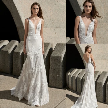 2021 Esküvői ruhák Deep V nyakú csipke rátétek Menyasszonyi ruhák egyedi készítésű szexi hát nélküli seprővonat sellő esküvői ruha
