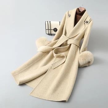 2023 Gyapjúszőrme,Új koreai design luxus Valódi bunda Télikabát Női natúr róka szőrme Gallér mandzsetta valódi gyapjú kabátok külső