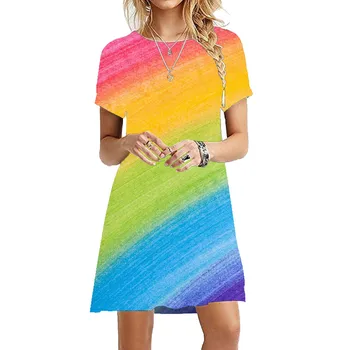 2023 Női 3D nyomtatott szivárványcsíkos ruha Nagy méretű rövid ujjú alkalmi viselet Crew Neck Party Mini ruha Rövid ujjú ruha