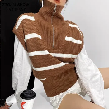 2023 Női mellény kötöttáru vintage nyitott cipzáras garbó kontraszt színes csíkos kötés ujjatlan pulóver mellény
