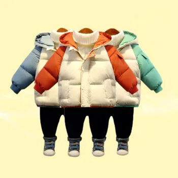 2023 Téli kapucnis meleg kabát kabát Divat Színes blokk Fiú és lány 2-7 éves Beibei Új koreai verzió Gyermekruházat
