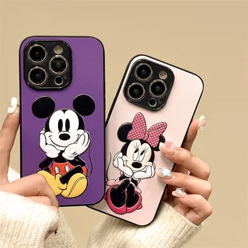 3D domborműves bőr pár Disney telefontok iPhone 15Pro 15 14 13 12 11 Pro Max Mickey Minnie egér aranyos rajzfilm borító