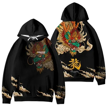 4XL 5XL férfi 2023 Hip Hop Streetwear Harajuku pulóver Kínai anime sárkány mintás kapucnis pulóver zsebpolár kapucnis pulóver