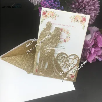 50db Új lézervágott csillogó papír Vőlegény és menyasszony esküvői meghívó kártya Testreszabott zseb esküvői kellékkártyák