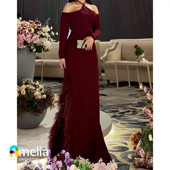 Amelia A-Line Halter Neckline szalagavató ruha Hosszú ujjú Földig érő estélyi ruha nőkkel Esküvői parti hivatalos ruhák Arabia
