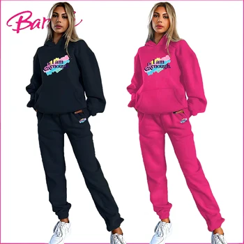 Barbie pulóver felsők Női hosszú ujjú nadrág Streetwear Női ruházat Kapucnis pulóverek Karcsú kétrészes divat Női meleg pulóverek