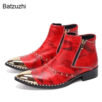 Batzuzhi Luxus kézzel készített férfi csizma Cipő Hegyes fém orr piros valódi bőr csizma férfi cipzáras boták Hombre Party / esküvői csizma