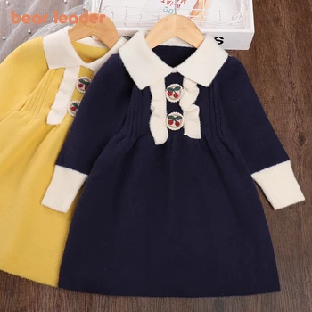 Bear Leader lány pulóverruha 2023 őszi/téli új lány pólógallér matrica kontraszt rakott kötött ruha gyermekruha