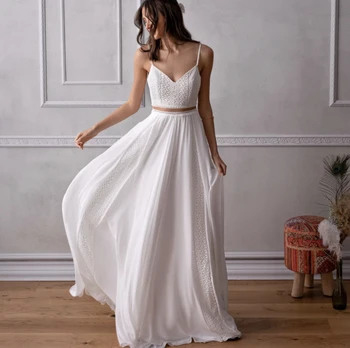 Bohém tengerparti esküvői ruha 2023 A-vonalú spagetti pántok hímzés hát nélküli ujjatlan elegáns menyasszonyi ruha Vestidos De Noiva