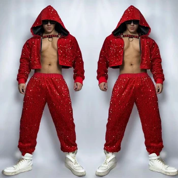 Bár Nightclub Dj Ds Gogo táncos jelmez piros flitteres kabát nadrág férfi rúd tánc ruházat Burnning Man színpadi rave ruha XS5048