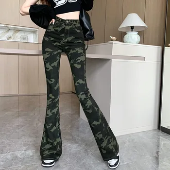 Camo Jeans Woman Stretch Slim Fashion Army Green Flared Trousers Farmer Y2k Style Casual Streetwear Bottom Dropshipping Nagykereskedelem