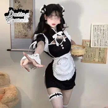 Cosplay Fekete-fehér Kínai stílusú Cheongsam szobalány ruha Japán lány egyenruha Aranyos csokornyakkendő Bojt Haj Kártya Ruha Pornó