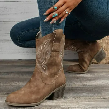 Csizma bőr Női cipő Csizma-női téli lábbeli Med Őszi gumi 2023 Női vádli középső Cowboy fűzős vegyes színű csúszás