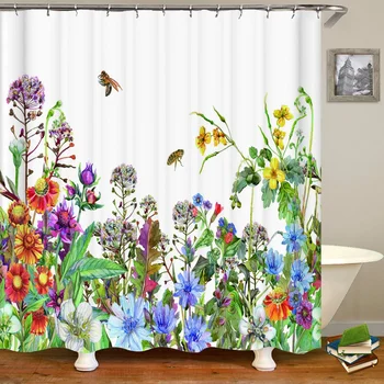Egyszerű és szép fű virág nyomtatott zuhanyfüggöny poliészter vízálló függöny kampóval fürdőszobai függöny lakberendezés