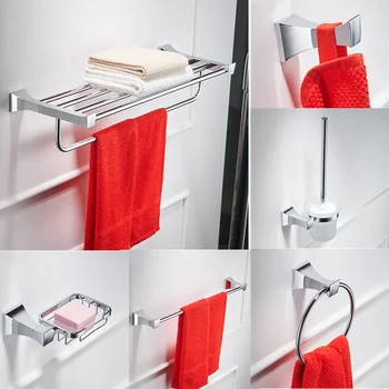 Falra szerelhető ezüst fürdő kiegészítők Ezüst sárgaréz fürdőszobai vasalat készletek Üveg fogkefe tartó Törölköző polc WC-papír tartó