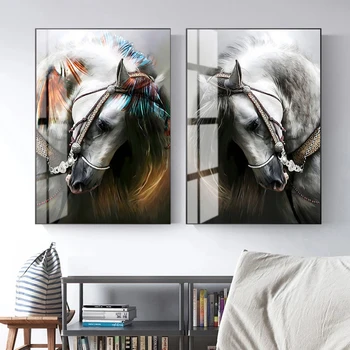 Fehér ló portré Plakátok és nyomatok Modern állatok Üvegvászon festés Falfestmény Képek Home Bár Szoba dekoráció