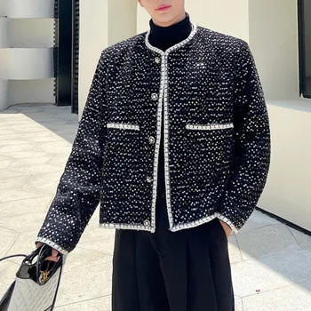 Férfi Flitteres Tweed Dzseki O-nyakú Hosszú ujjú Streetwear Patchwork Elegáns kabátok Koreai stílus Klasszikus temperamentum Crop felsőruházat