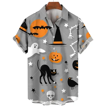 Férfi Halloween ing Negro Cat Pattern Design Tops Trick Or Treat Print férfi jelmez divat laza túlméretezett hawaii ing