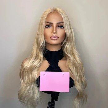 Golden Blonde Body Wave ragasztó nélküli csipke elülső paróka nőknek szintetikus haj parókák ragasztó nélküli puha 180% sűrűség előre pengetett cosplay