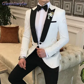 Gwenhwyfar 2021 hivatalos üzleti férfi öltöny,2Db szett vőlegény esküvői ruha szmoking,egyedi csúcsos hajtókás fehér blézer fekete nadrággal