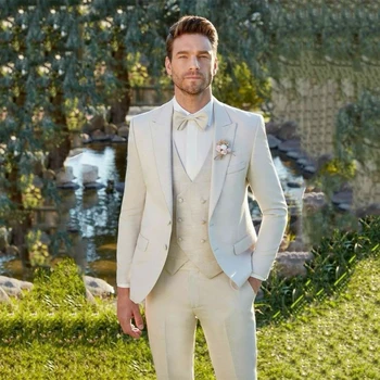 Gyönyörű fehér öltöny férfi hivatalos üzleti blézer bankett esküvői vőlegény szmokingi báj slim fit 3PC kabát mellény nadrág jelmez homme