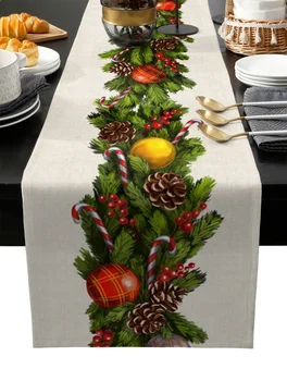 Karácsonyi bál bogyók Fenyőtobozok Vászon asztali futók Konyhaasztal dekoráció Étkezőasztal futók Esküvői parti Navidad dekoráció