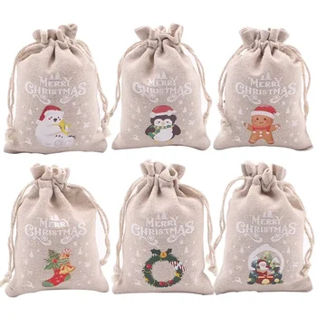 Karácsonyi gyönyörű pamut és vászon táska Mikulás gyermek cukorka alma tároló táska Adventi szett egyszerű ajándéktáska