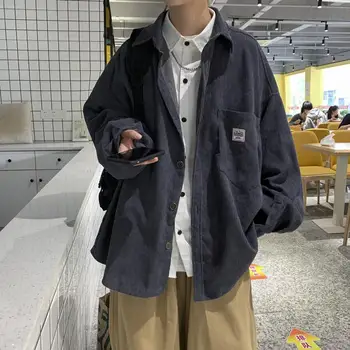 Kordbársony férfi ingek férfiaknak Harajuku fekete ing Koreai stílusú férfi ing hosszú ujjú vintage ruhák Streetwear 3XL 2023