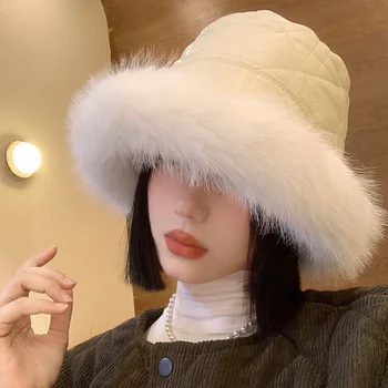 koreai plüss téli vödör kalap női új, egyszerű, meleg meleg sűrített pu bőr szélálló fülvédő széles karimájú Kpop medence kalapok