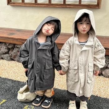 koreai stílusú 2023-as gyerekek túlméretezett kapucnis árok dzsekik fiúk és lányok divat laza egyszínű hosszú kabátok Felsőruházat