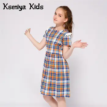 Kseniya Kids Girls Cotton Csipke kockás rövid ujjú ruha születésnapi partira Iskola Napi tavasz Nyár Ősz