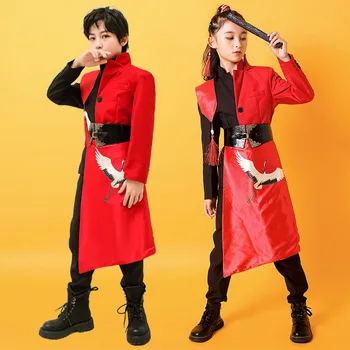 Kínai stílusú piros köntös fekete nadrág öltöny Jazz tánc jelmezek lányoknak Streetwear Fiúk Hip Hop előadás Rave ruhák DQS14719