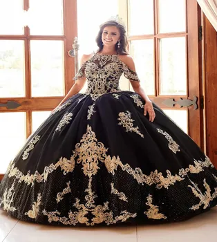 Luxus fekete quinceanera ruhák Báli ruha Arany csipke báli ruha nyitott hátsó fűző édes 16 ruha 2020 Új vestido de 15 anos