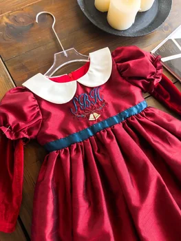 Lány piros ruha Kislány karácsonyi ruha Őszi karácsonyi piros vintage hímzés hercegnő hosszú ujjú ruha baba gallér ruha