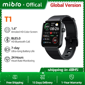 Mibro T1 Smartwatch Global verzió Bluetooth hívás 1,6 hüvelykes AMOLED HD képernyő Sport 2ATM vízálló férfi női okosóra