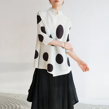 Miyake geometrikus kerek mintás rakott ingek női állvány gallér egymellű retro felső 2023 nyári divatruházat