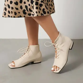 Méret 35-44 Fűzős Peep Toe Szandál Női Sarkú cipő Tiszta szín Nyári divatparti Esküvői cipő Alacsony sarkú cipő