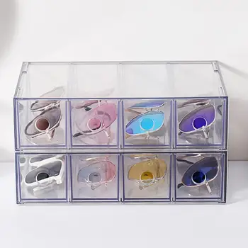 Napszemüveg doboz fiókokkal Egymásra rakható napszemüveg Tároló doboz kihúzható fiókokkal Porálló, stílusos íróasztal szemüvegekhez