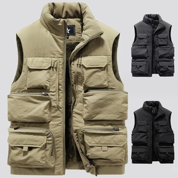 New Fashion Men Cargo mellény téli vastag gyapjú meleg ujjatlan sportkabát Egyszínű taktikai kabát Férfi zsebek Munka mellény