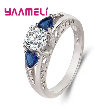Népszerű forró akciós sterling 925 ezüst ujjgyűrű nőknek kék kristály strassz szív alakú Valentin születésnapi ajándék Anillos