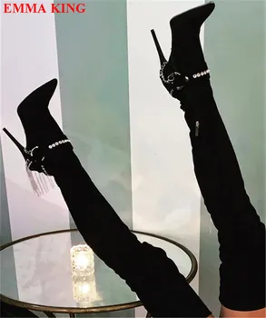 Női divat strassz rojtos pántos comb magas csizma női tervező női lánc fekete térd feletti csizma magas sarkú cipő