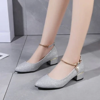 Női esküvői magassarkú cipő ezüst fekete 2024 tavaszi bokapánt kristály sekély vaskos blokk sarokszivattyúk Lady Plus méret