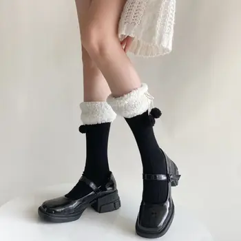 Női harisnya csokor zokni Lélegző JK Bárány gyapjú téli borjú zokni Lolita egyszínű középső cső zokni Nők/lányok