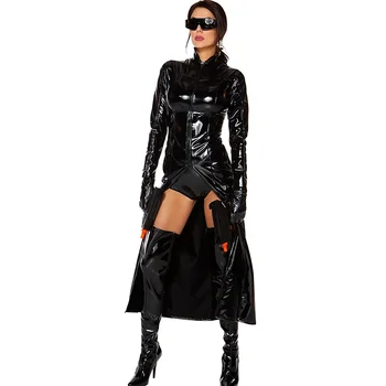 Női műbőr Halloween újratöltött jelmez Szexi fekete Wetlook body, cosplay klub viseljen vinil macskaruhákat, nyitott ágyékot, macskaruhát