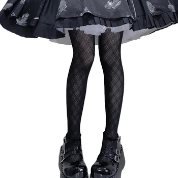 Nők Lolita fekete selymes harisnyanadrág Japán Preppy stílusú vintage Argyle gyémánt kockás mintás harisnya diákharisnya