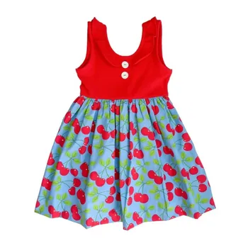 Piros ujjatlan ruha cseresznye mintás nyári butik lányok térdig érő gyerek ruha testreszabható
