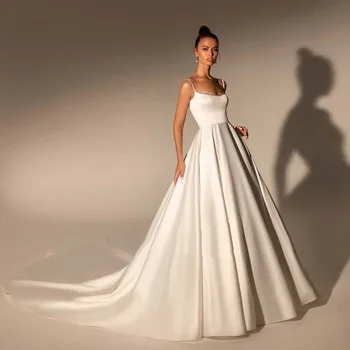 POMUSE Luxus szögletes gallér Esküvői ruha Spagetti pántok Báli ruha Esküvői menyasszonyi ruha Egyedi készítésű Vestido De Novia nőknek