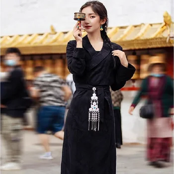 Red Tibet Clothing Lady Long Sleeve Slim Fit Bo La Dress Tibeti lány Bola Long köntös Kangba Hagyományos divat tánc Fekete ruha